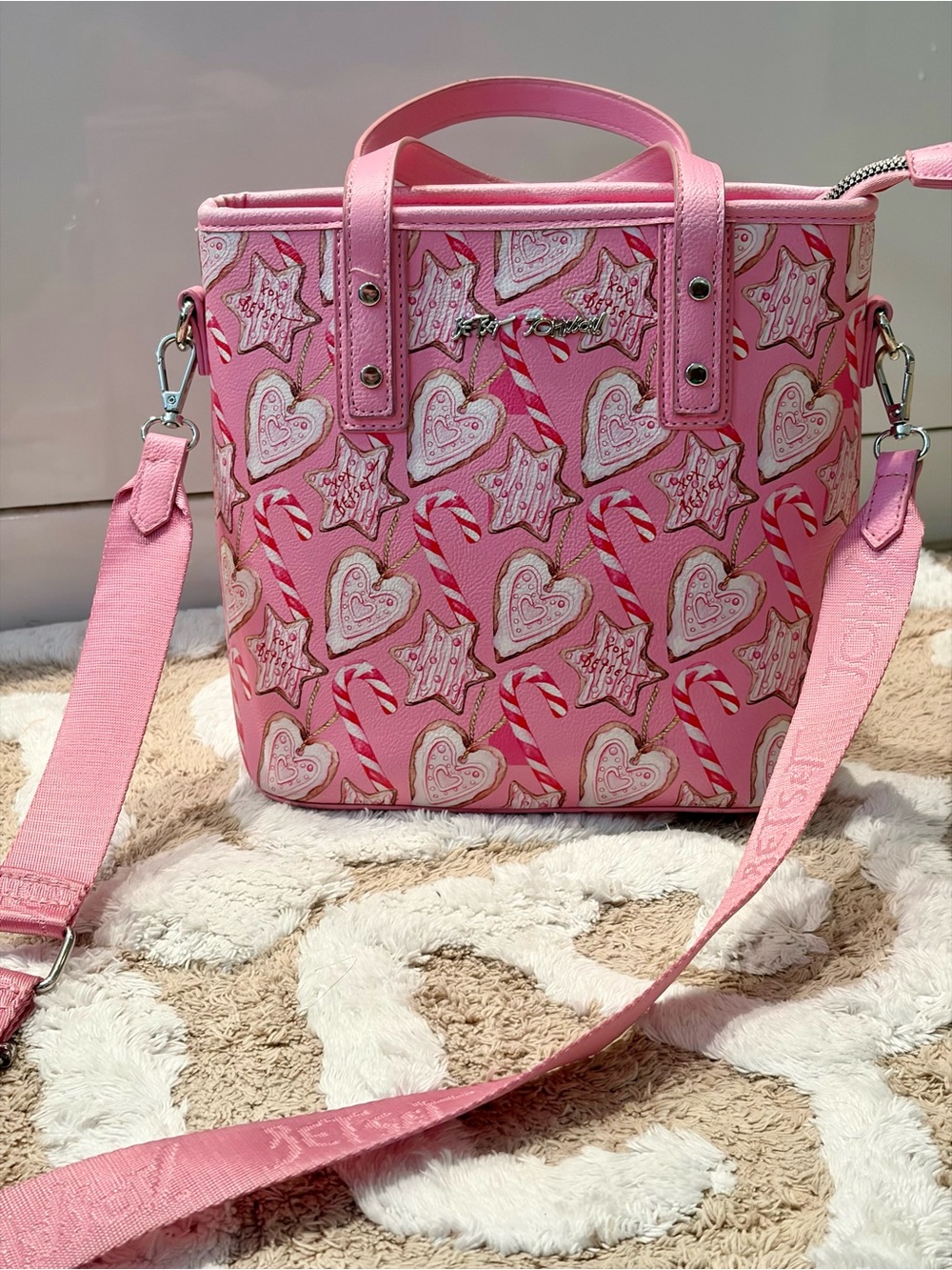 Pink Betsey Johnson Tote Bag with Candy Heart Print